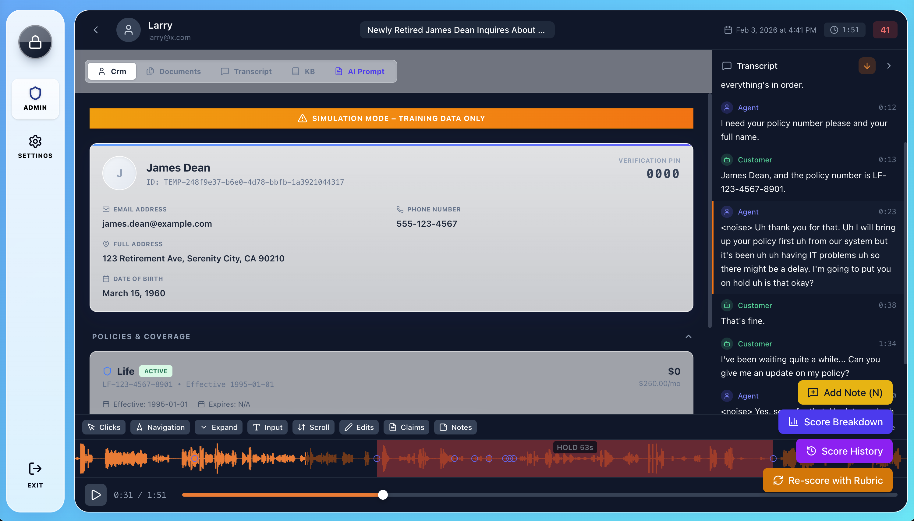 Admin reviewing training session with playback, transcript, and AI scoring
